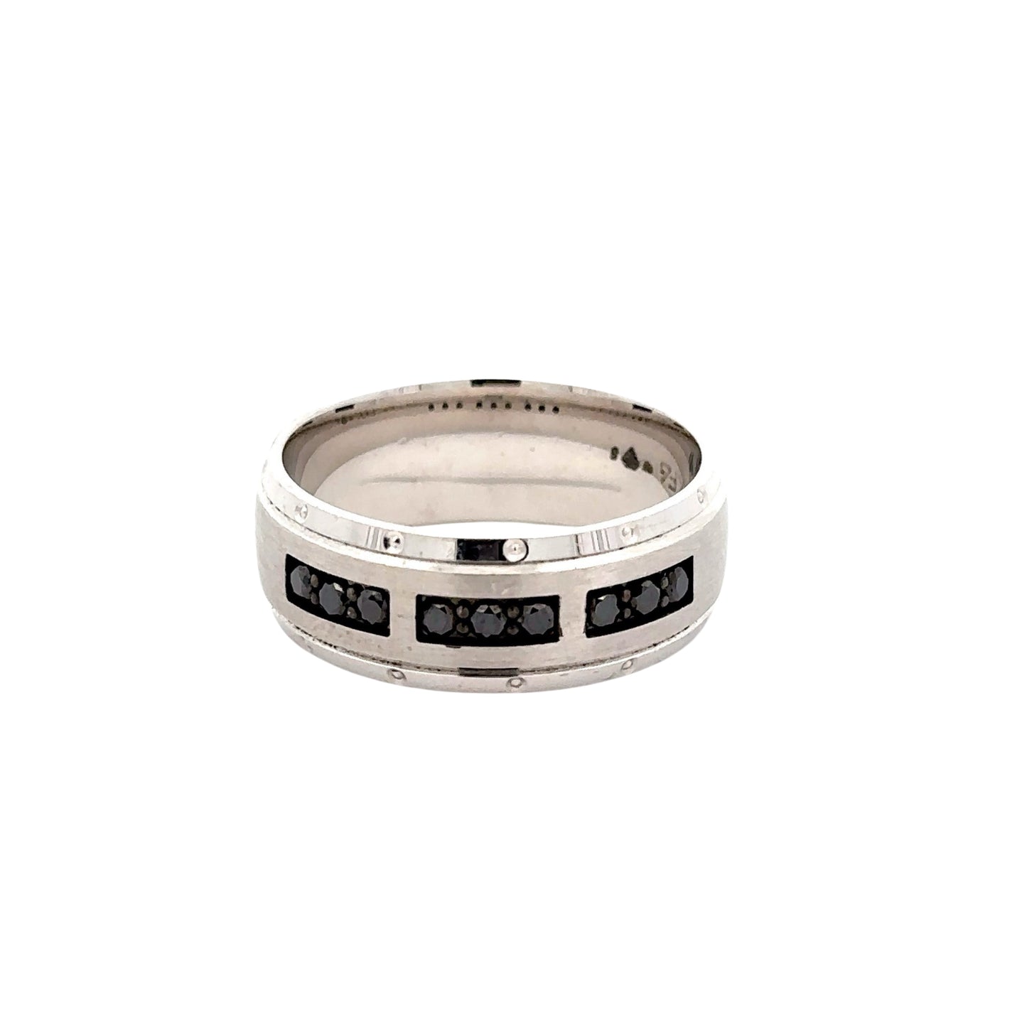 White Gold men's band ring with 9 small round black diamonds on the band