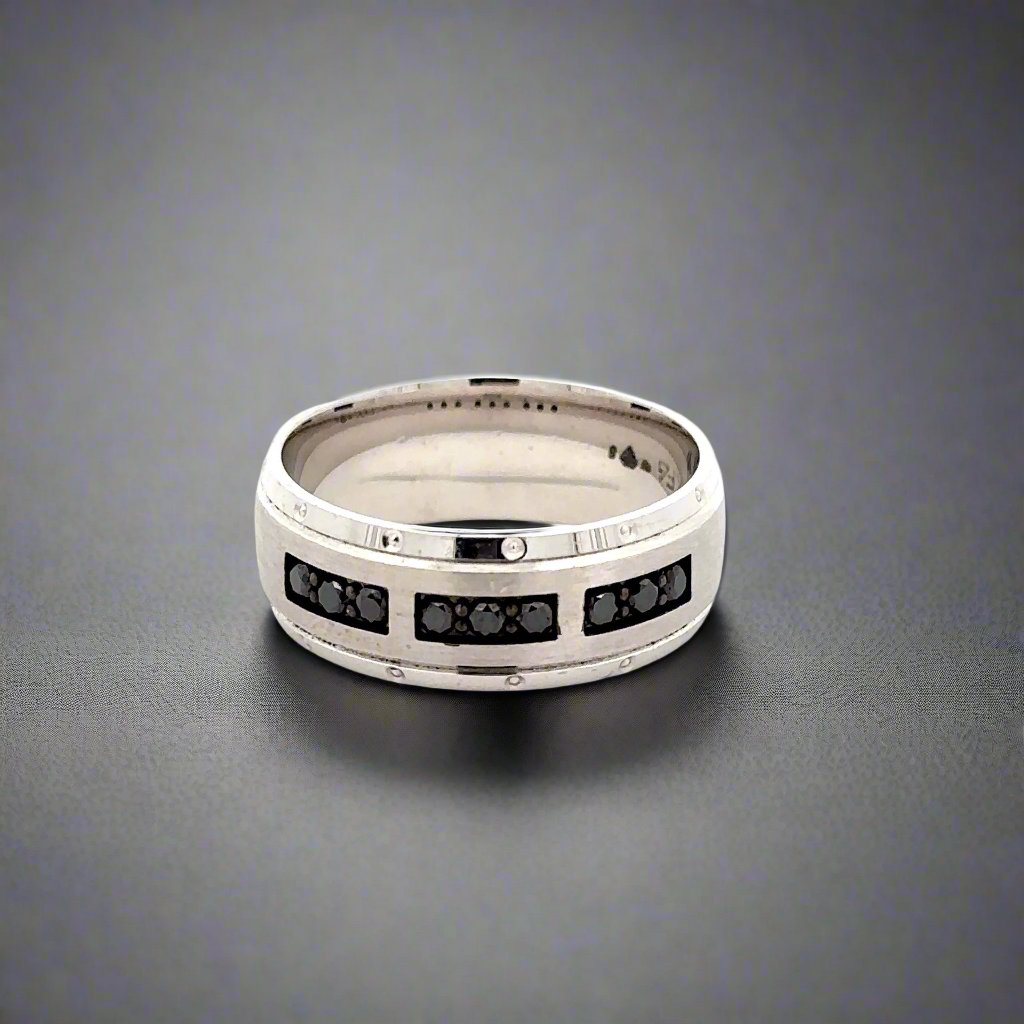 White Gold men's band ring with 9 small round black diamonds on the band