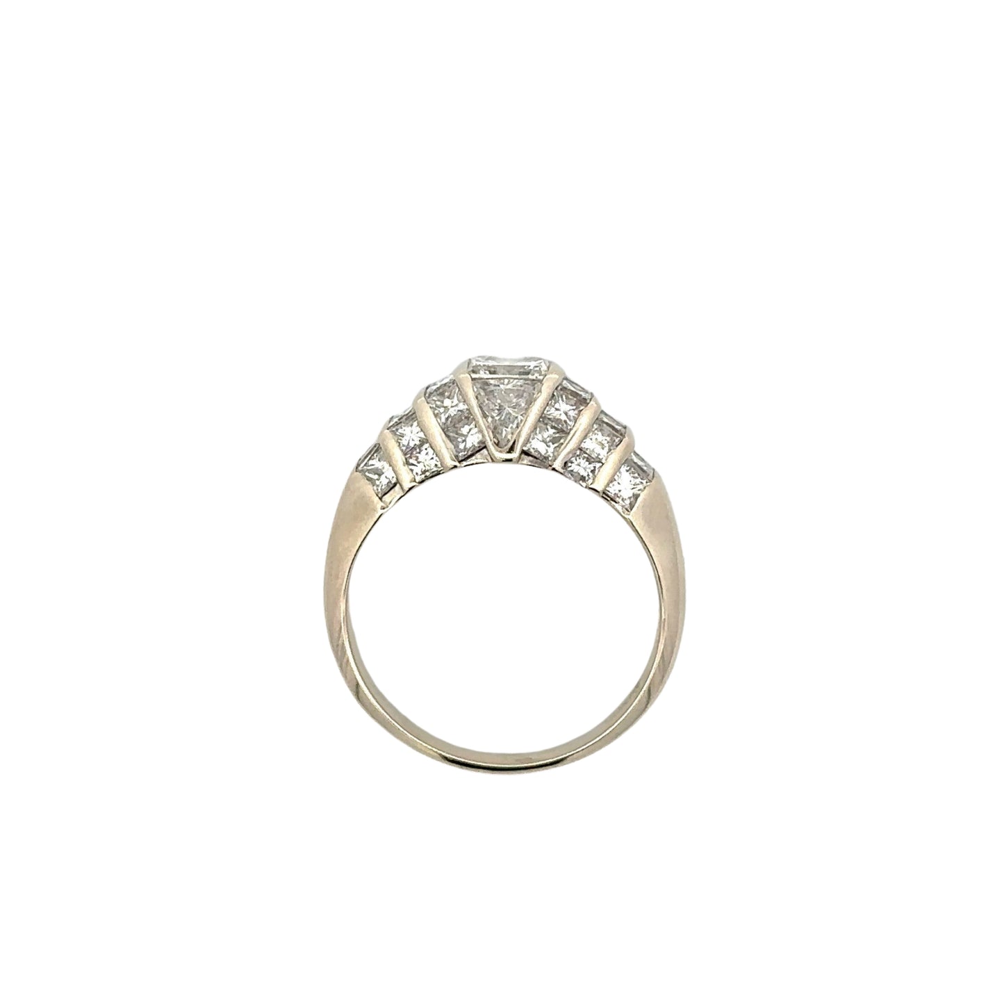 top of white gold ring with 10 small princess-cut diamonds on the side