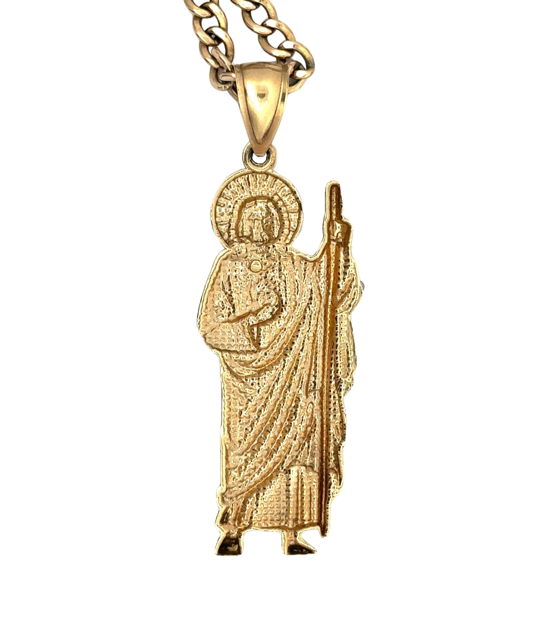 back of yellow gold saint jude pendant with textured gold