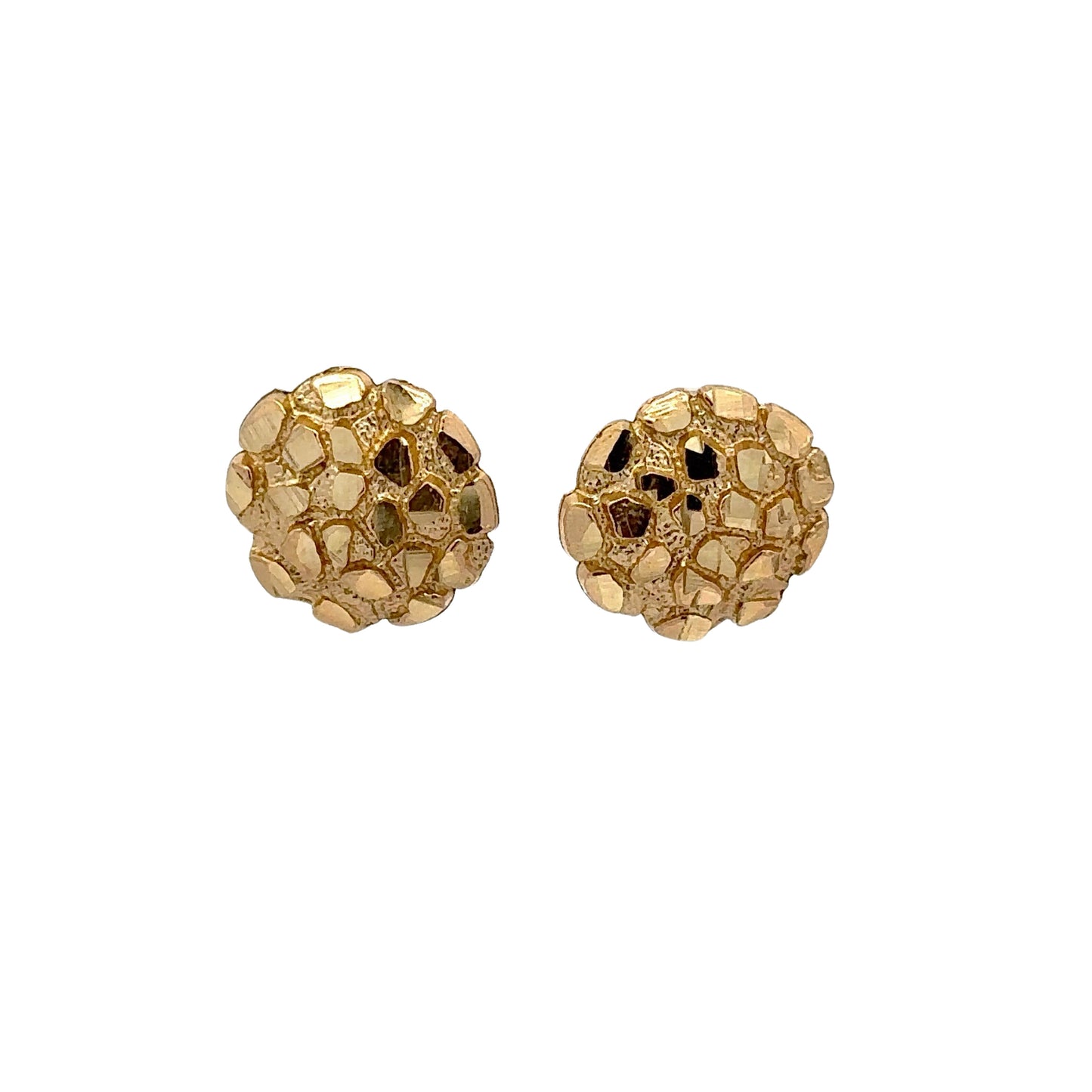 Front of round yellow gold nugget earrings