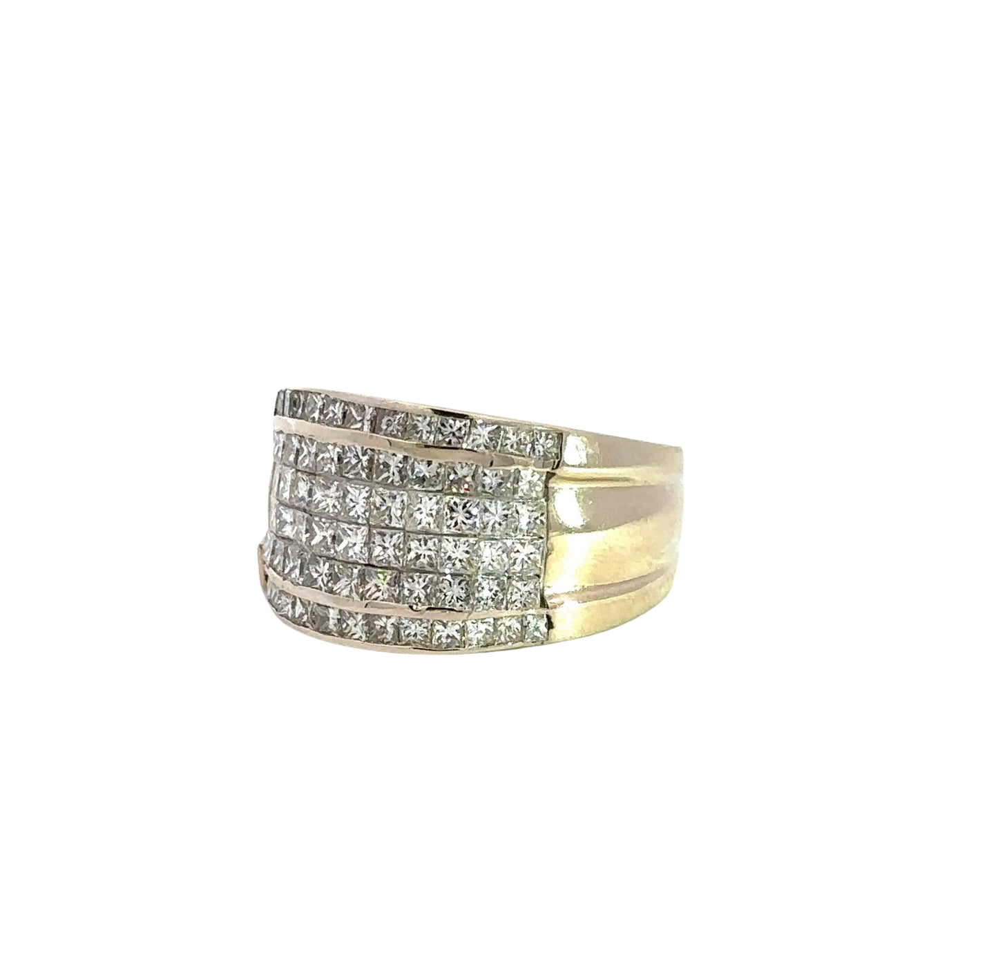 diagonal view of white gold ring with 6 rows of princess-cut diamonds