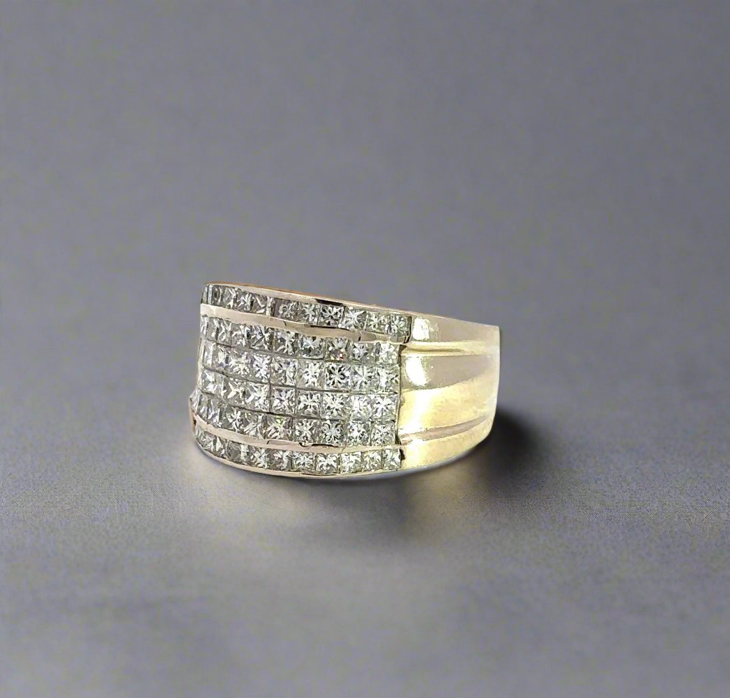diagonal view of white gold ring with 6 rows of princess-cut diamonds