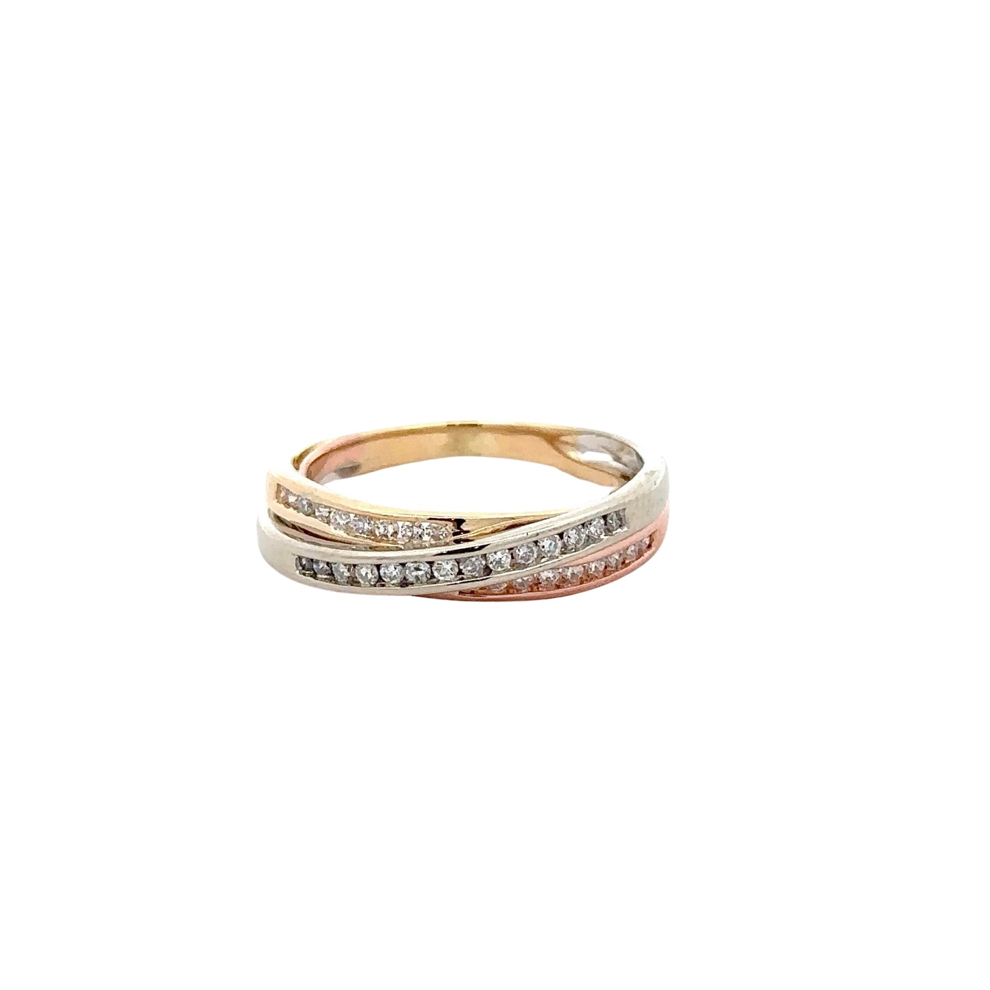 Tri-color gold crossover band ring with small round diamonds