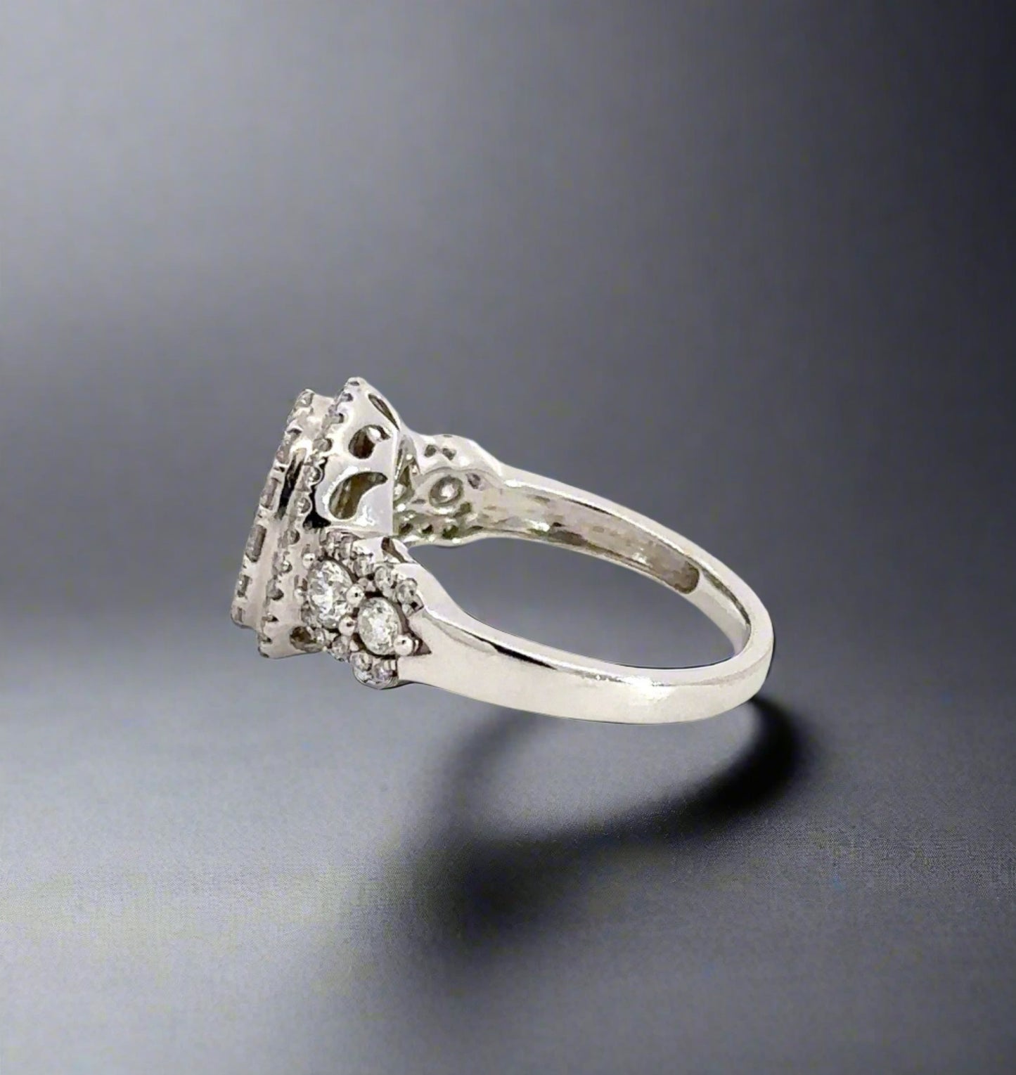 Side of white gold ring with light scratches on the shank