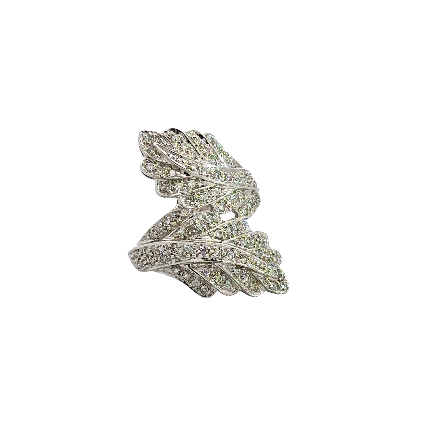 Front of diamond leaf ring in white gold with small round diamonds and 2 leaves.