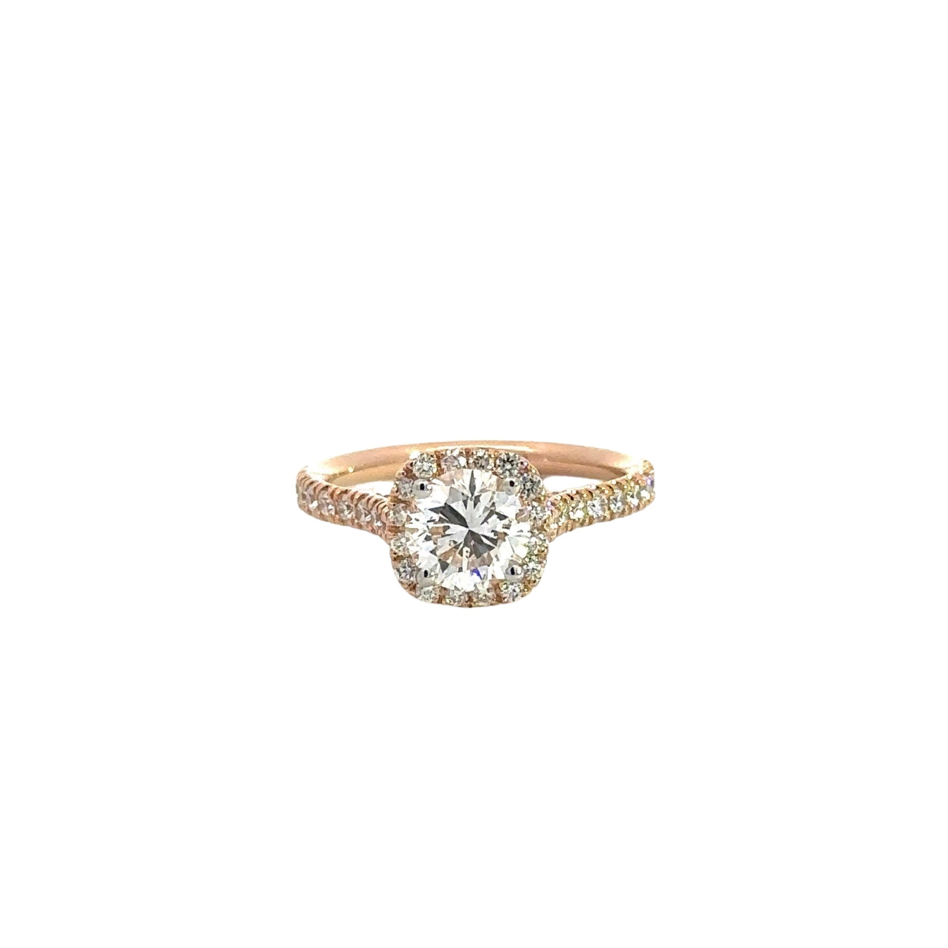 Front of rose gold diamond ring with 1.02 carat round diamond in the center and 16 small round diamonds around the center-stone and small round diamonds on the band. 