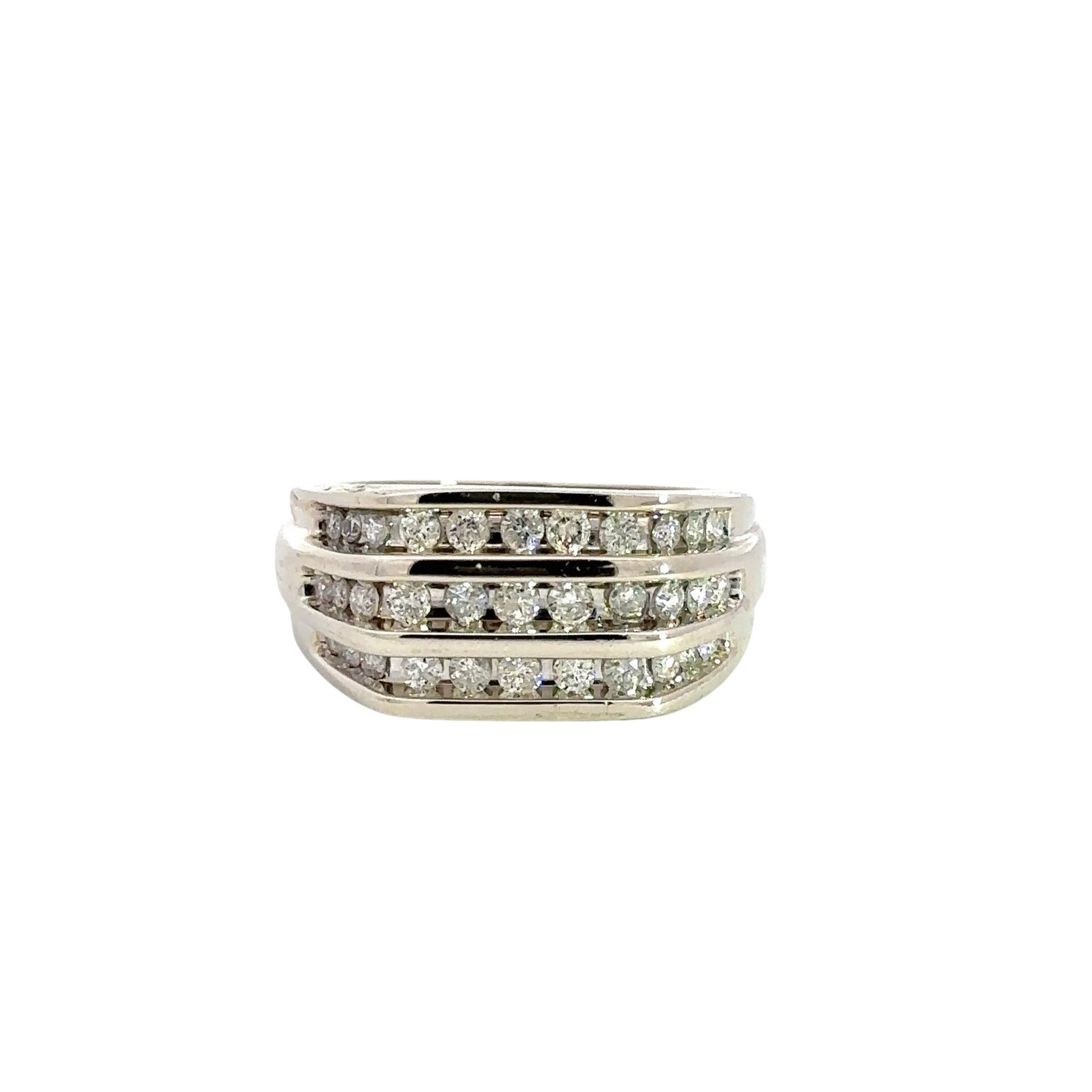 Front of white gold diamond band ring with 3 rows of small diamonds