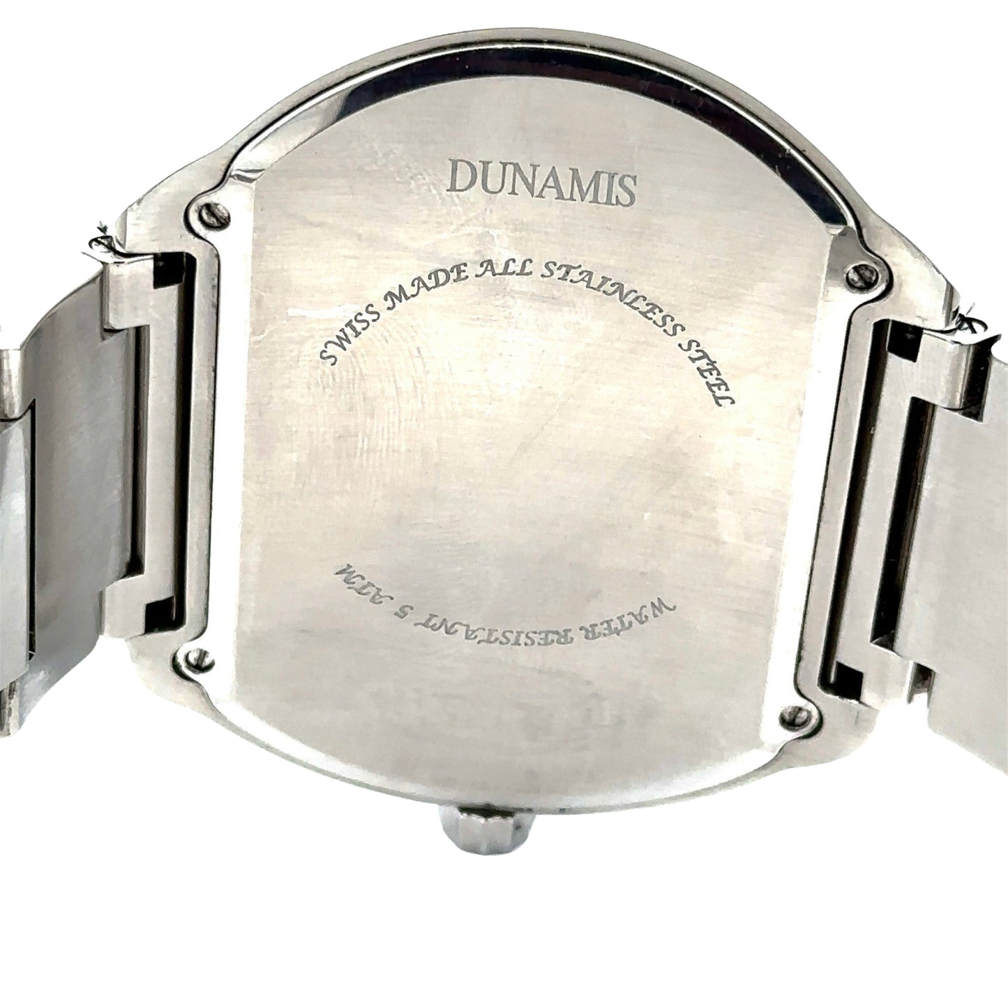Back of watch case with "Dunamis" "swiss made all stainless steel" "water resistant 5 ATM"