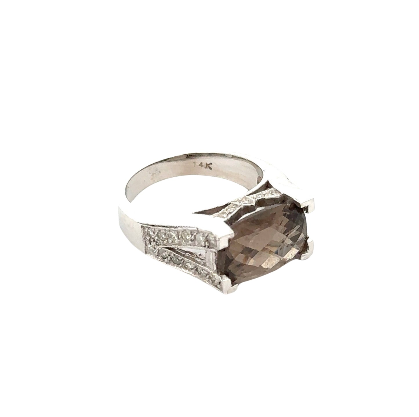 Smoky quartz and diamond ring with 14K stamp inside white gold
