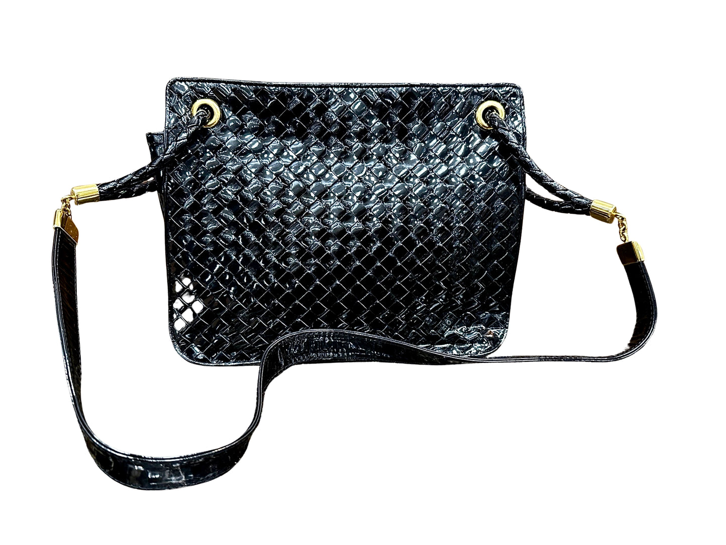 Black patent leather bag with misshaped shoulder strap