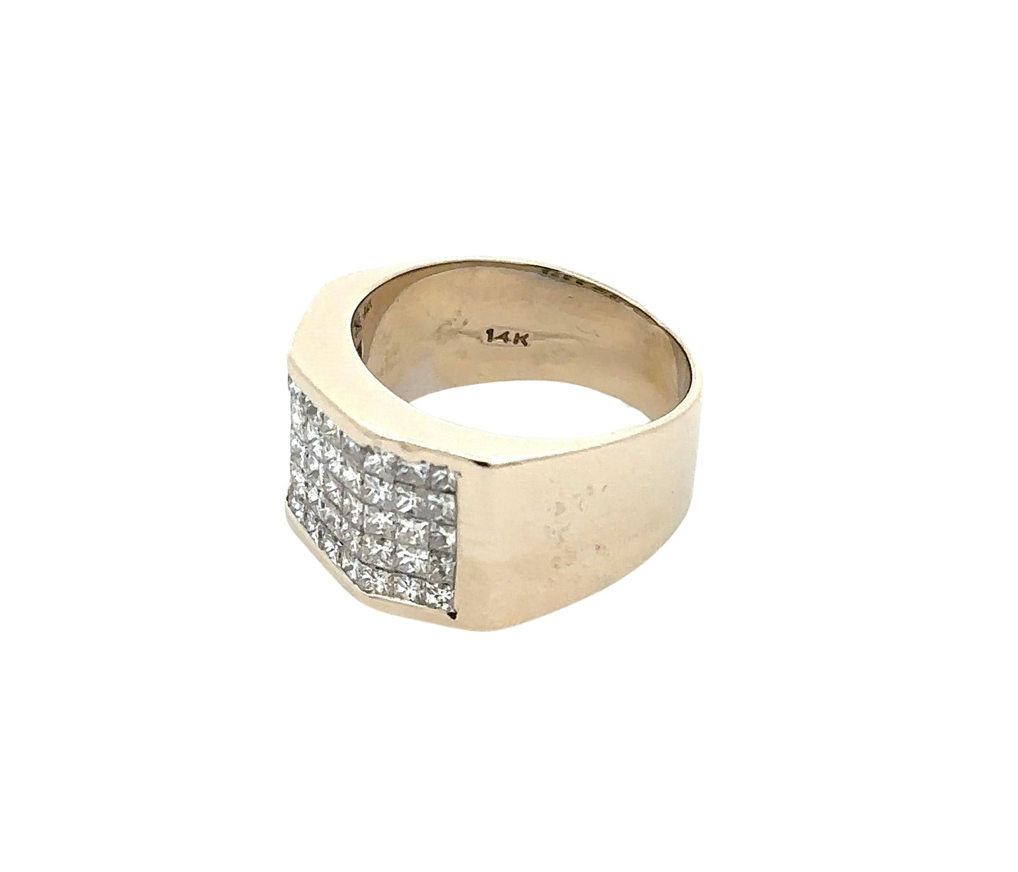 diagonal view of white gold ring with 14K stamp inside band