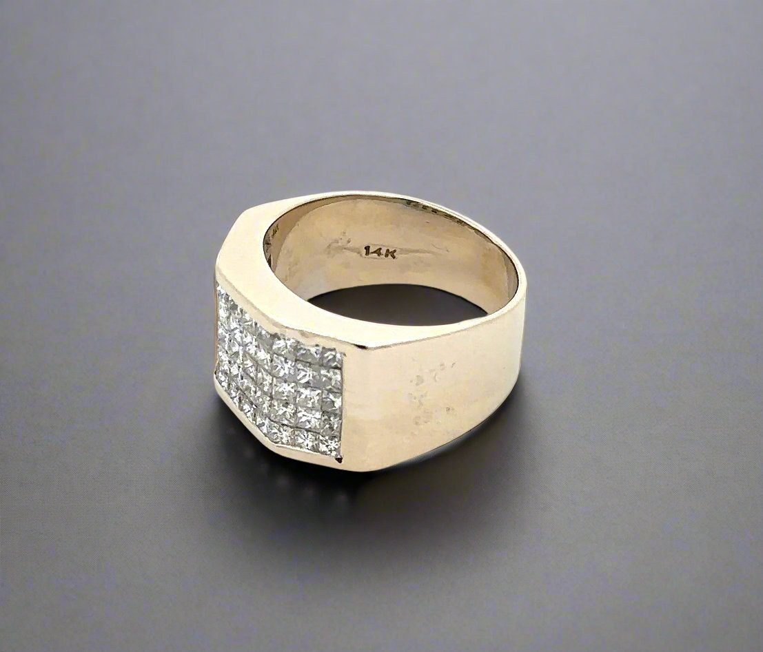 diagonal view of white gold ring with 14K stamp inside band