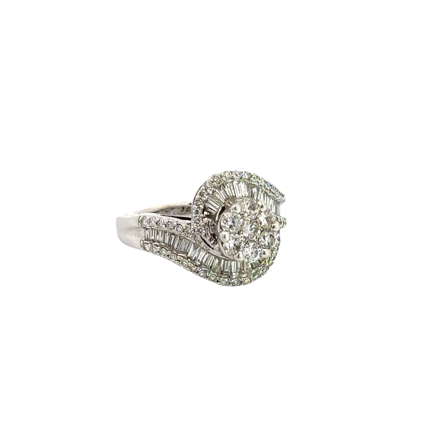 Diagonal view of diamond floral cluster ring