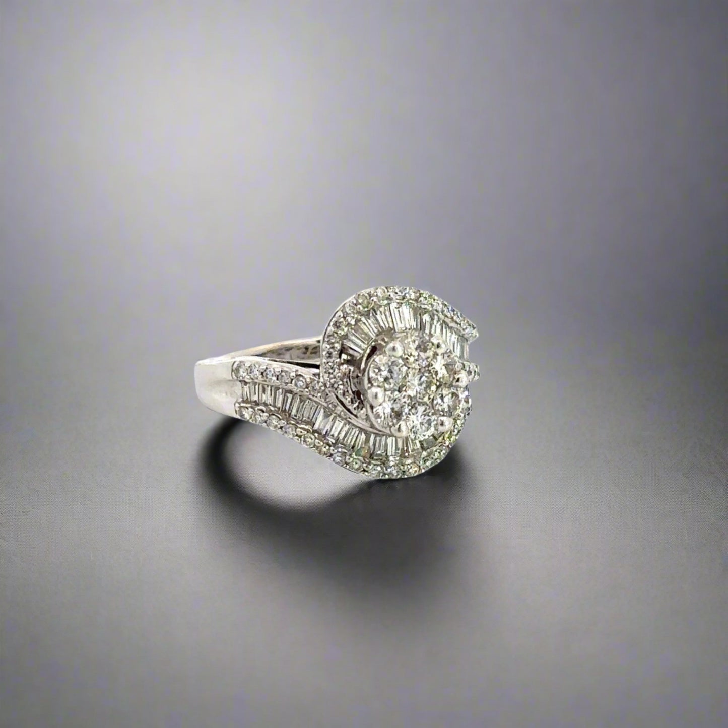Diagonal view of diamond floral cluster ring