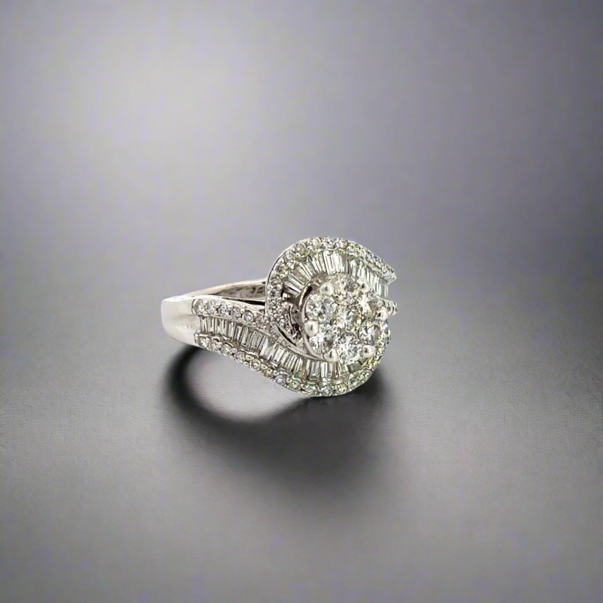Diagonal view of diamond floral cluster ring
