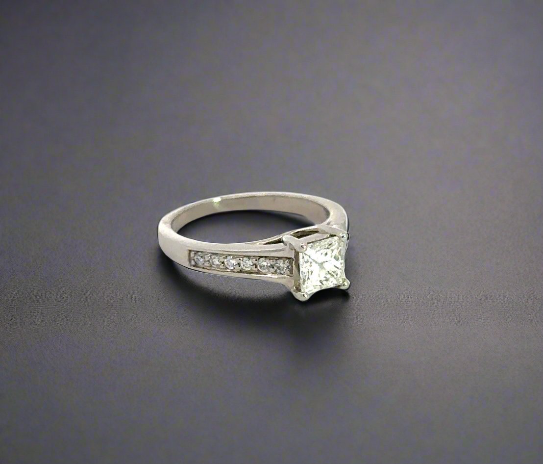 Diagonal view of princess-cut diamond ring