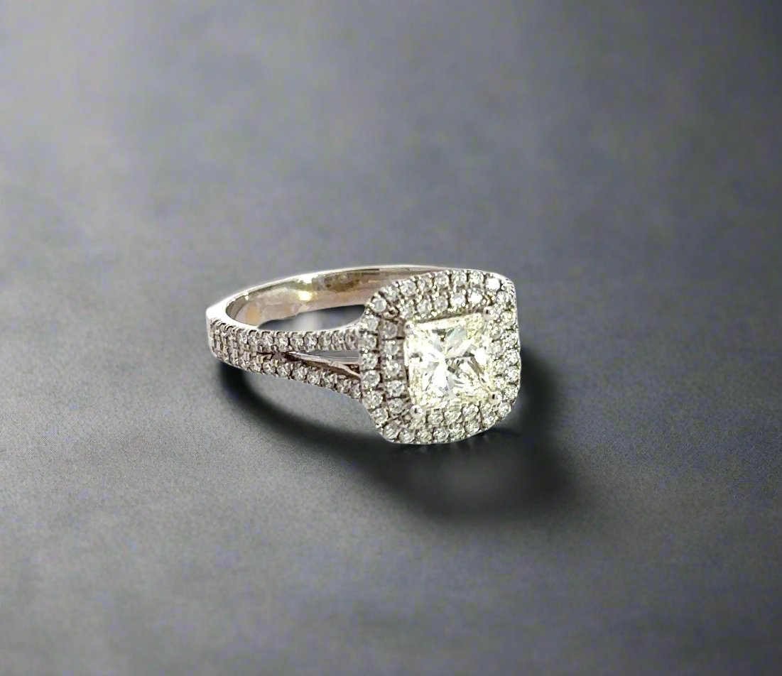 diagonal view of white gold diamond ring
