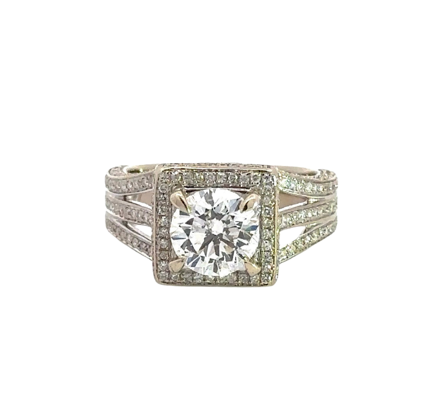 top of 1.75 carat center-stone diamond ring with small round diamonds around center-stone and on band in 3 rows