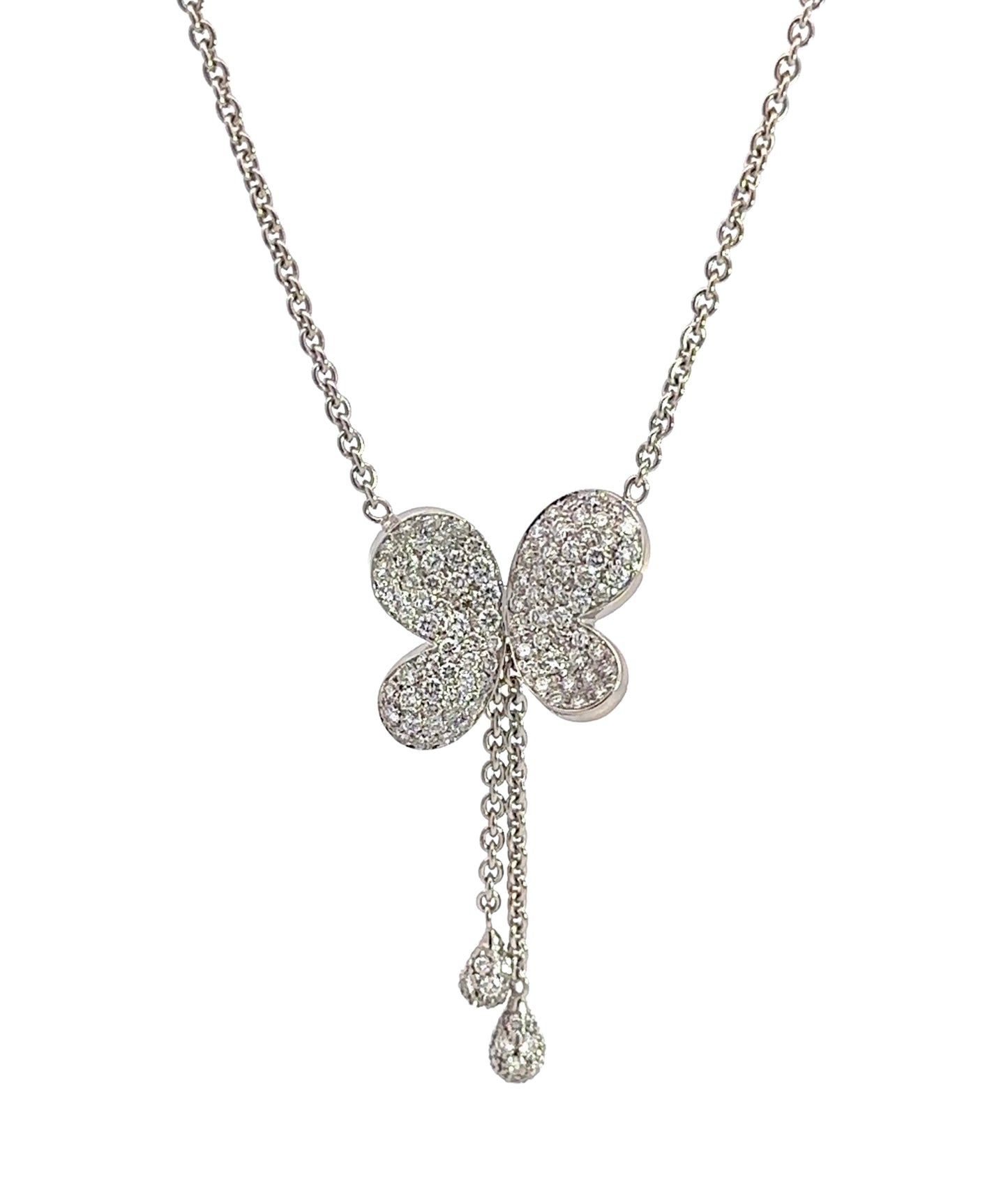 White gold link necklace with a diamond white gold butterfly and 2 diamond dangles