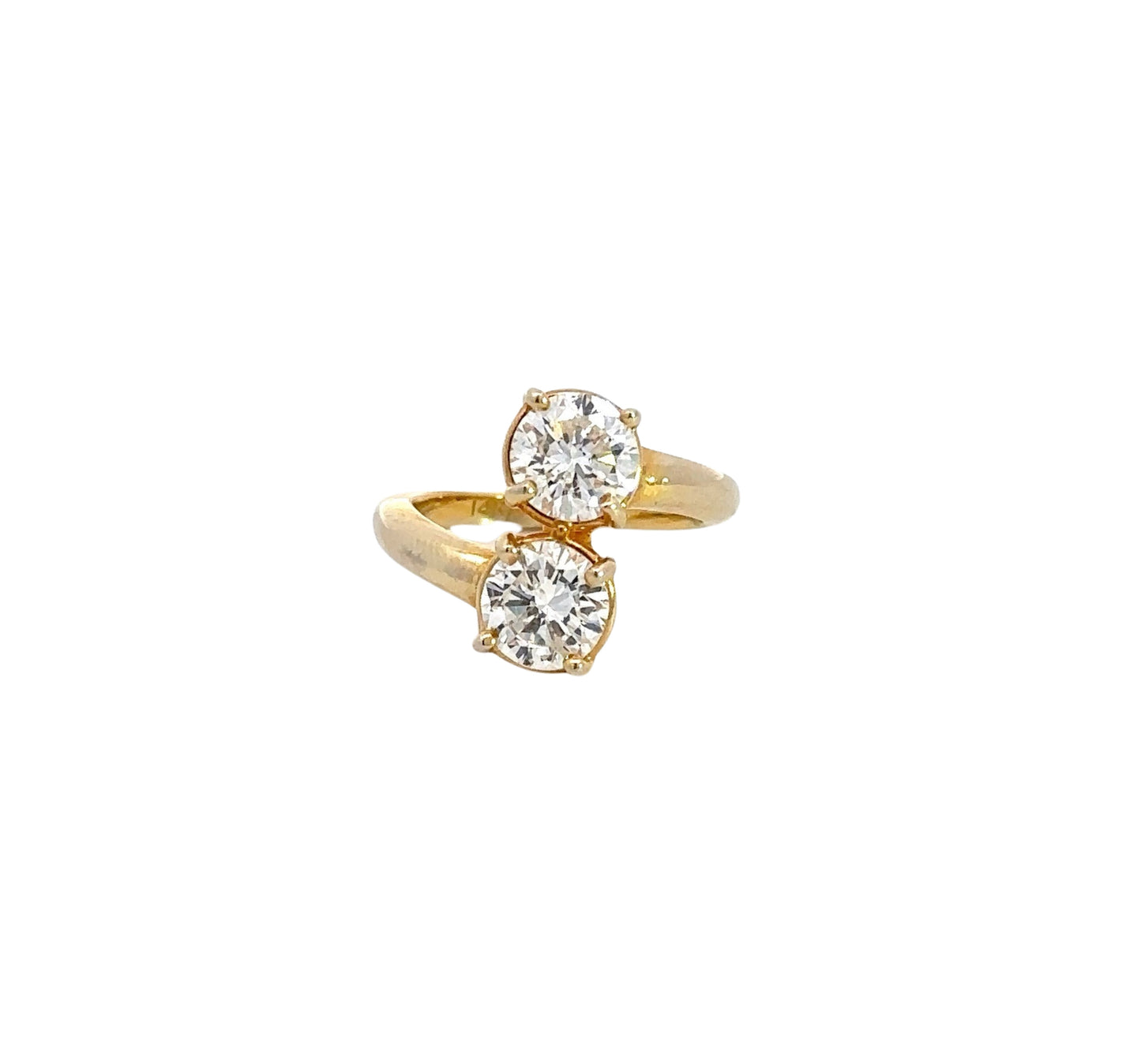 Front of engagement ring with 2 round brilliant diamonds about .80 carats each in yellow gold.