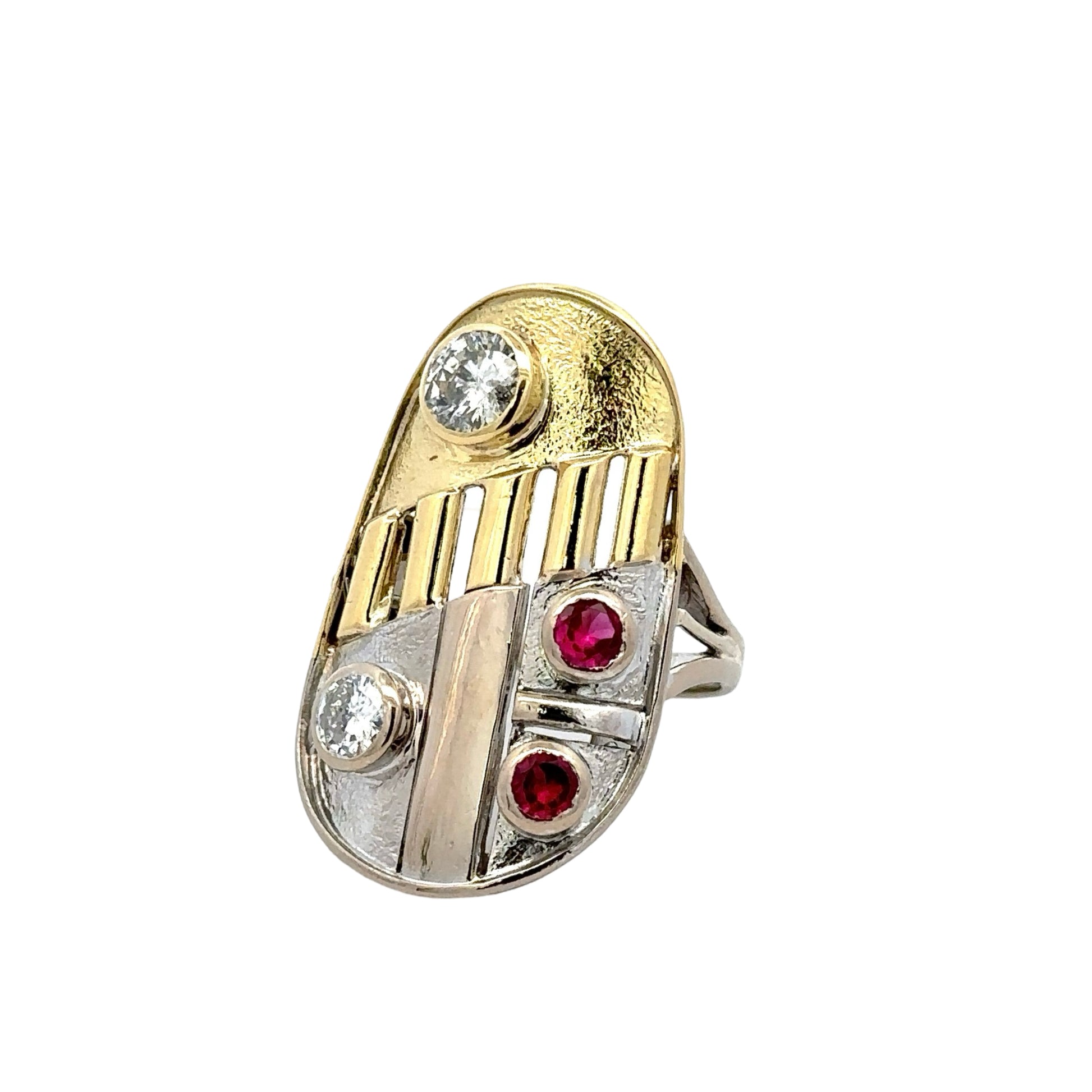 Diagonal view of two toned diamond and gemstone ring