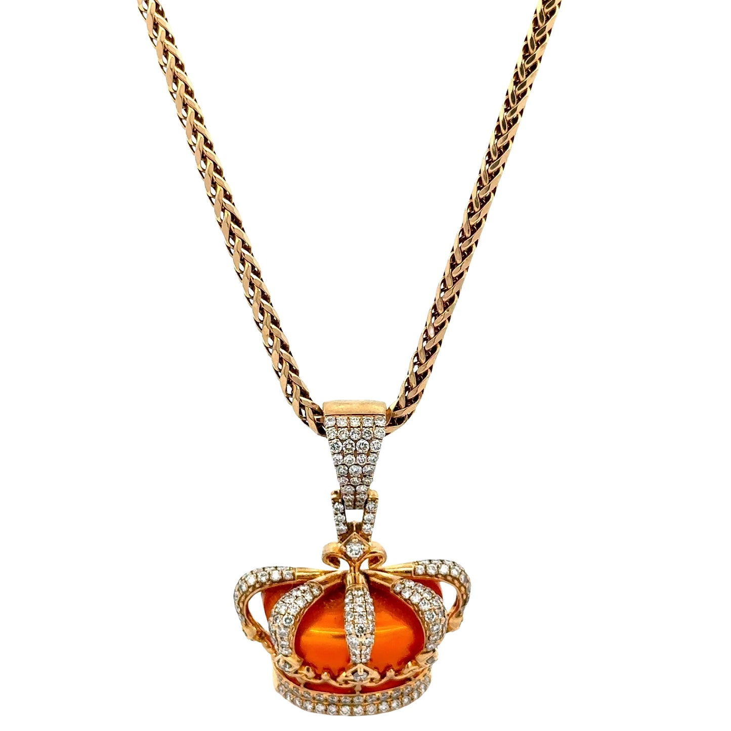 yellow gold round franco chain with an orange king's crown with diamond detailing