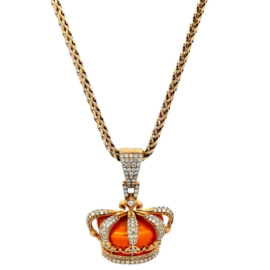 yellow gold round franco chain with an orange king's crown with diamond detailing