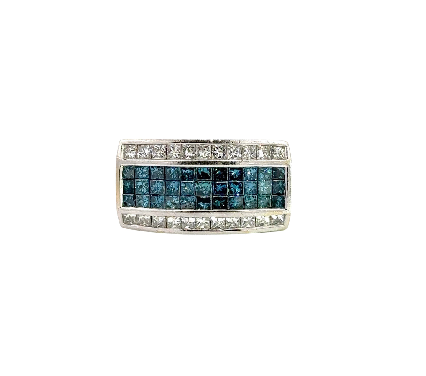 front of white gold ring with blue and white princess cut-diamonds on the front