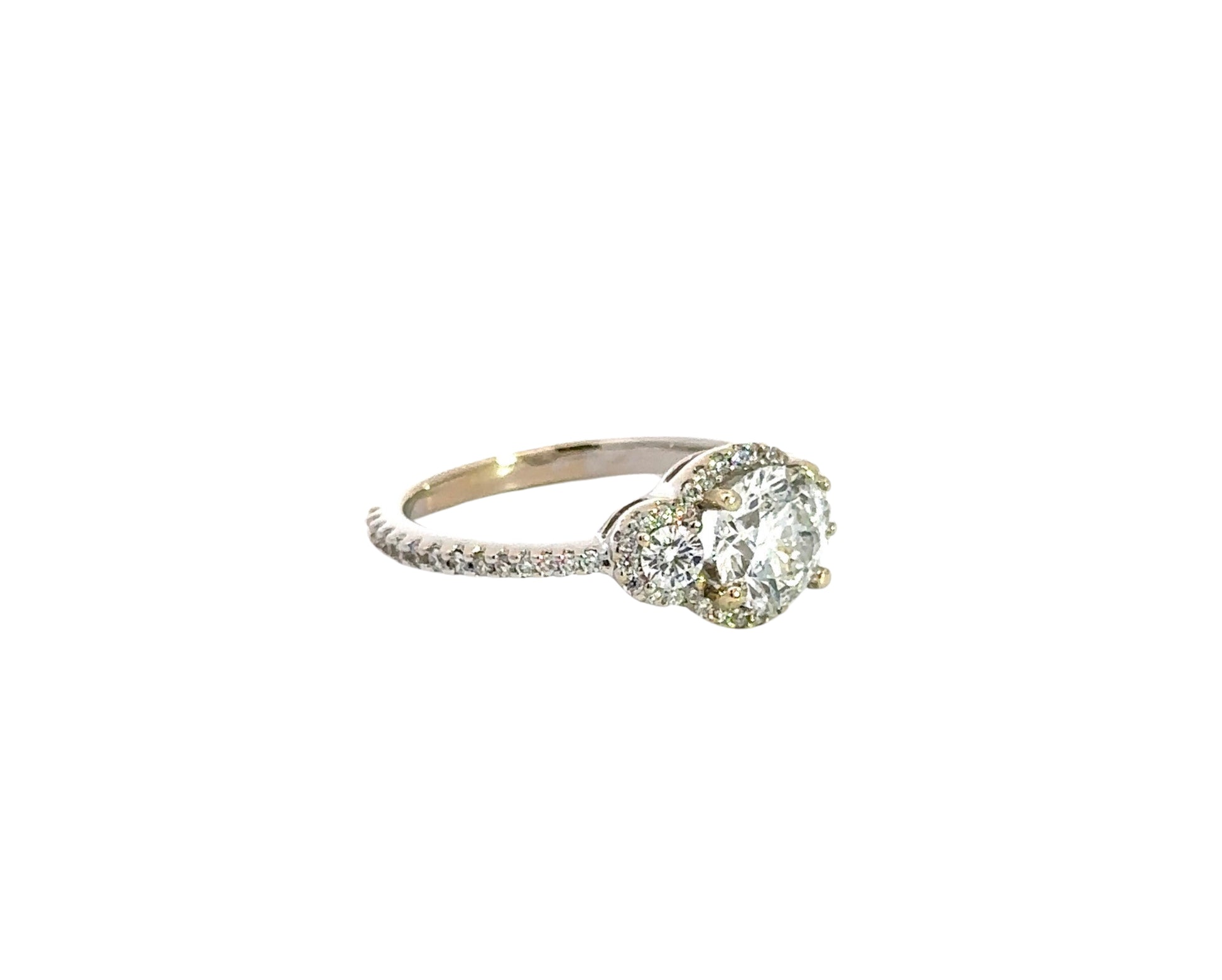 Diagonal view of white gold 3 stone diamond ring 
