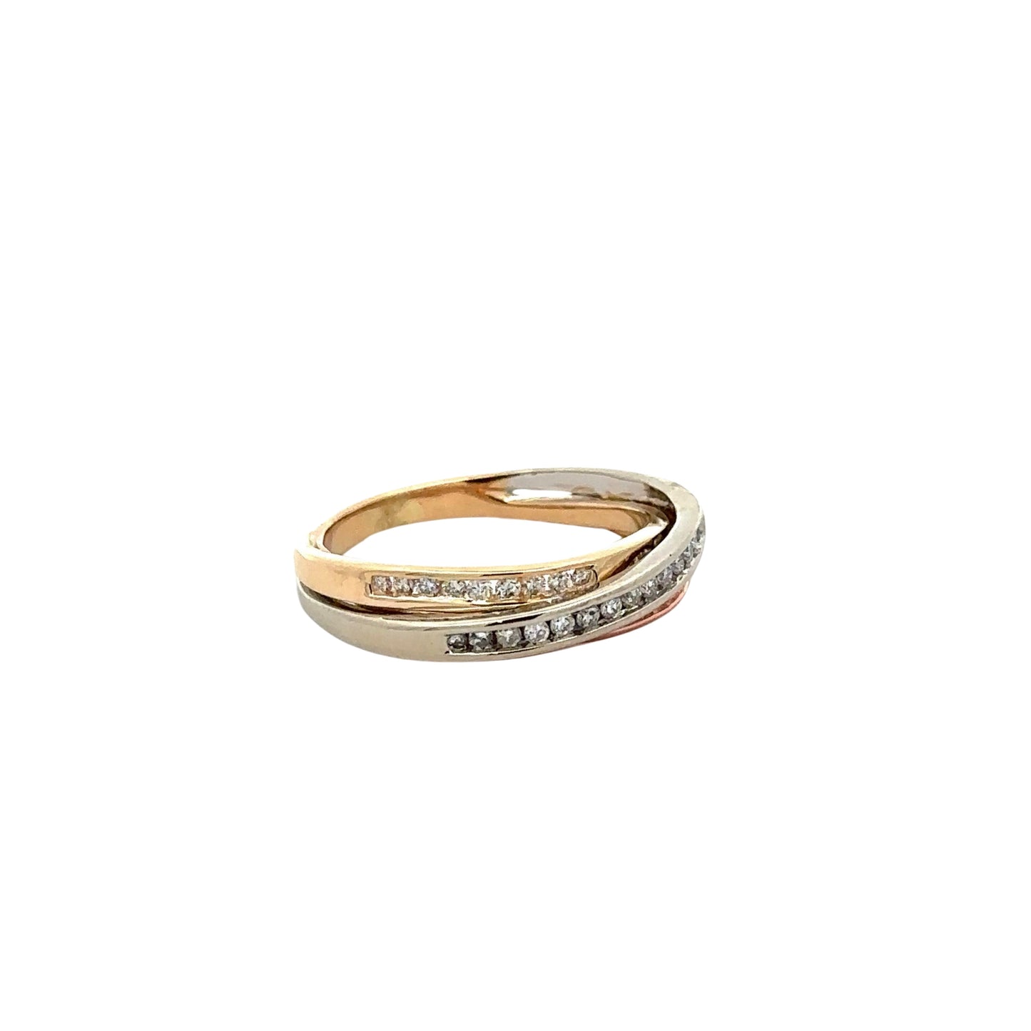 Diagonal view of tri-color gold diamond band ring