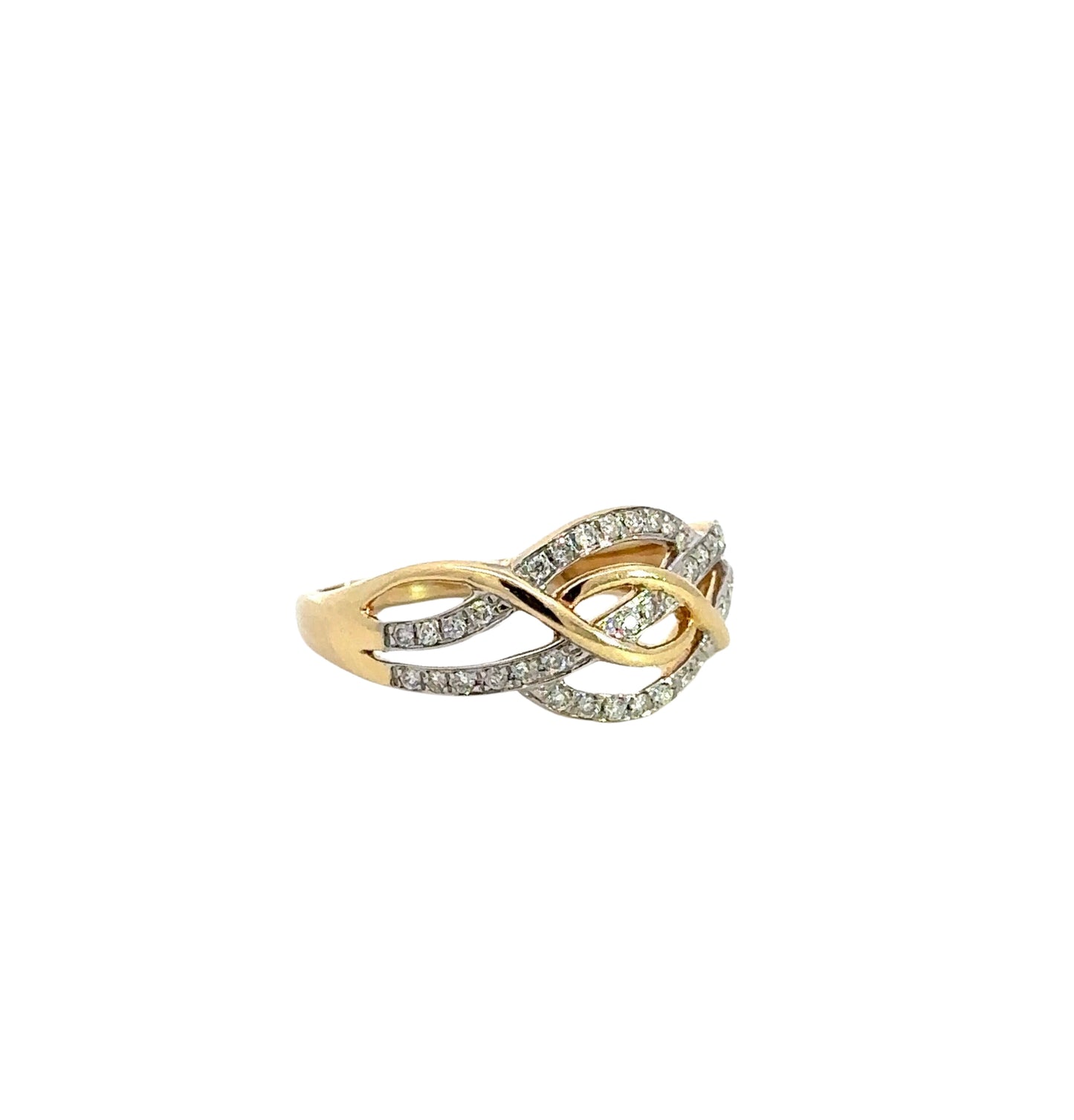 Diagonal view of yellow gold diamond crossover ring
