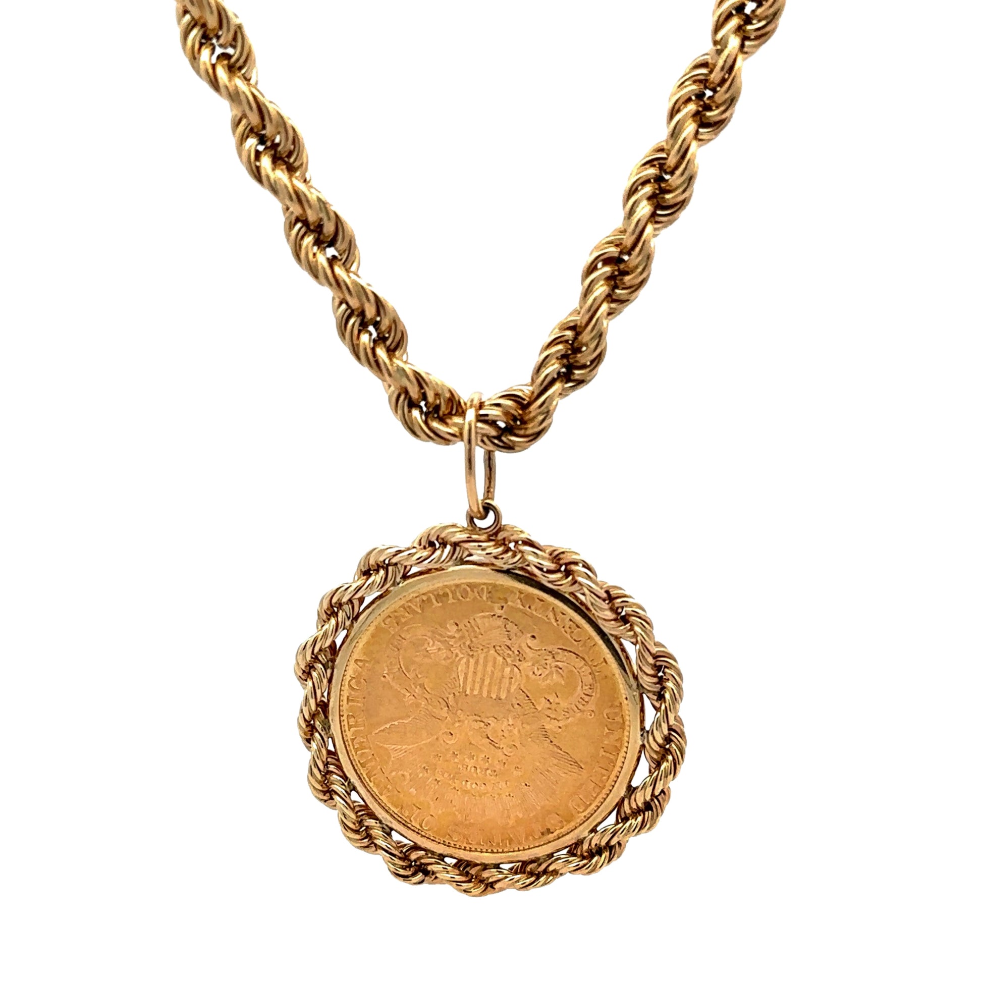Back of coin pendant with yellow gold rope chain + yellow gold rope detailing around coin