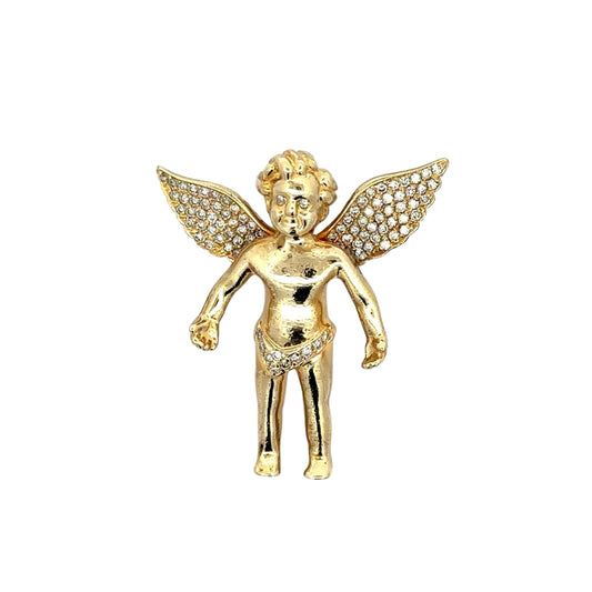 yellow gold angel pendant with diamonds on the wings, eyes, and skirt. angel wings are open with angel hands open