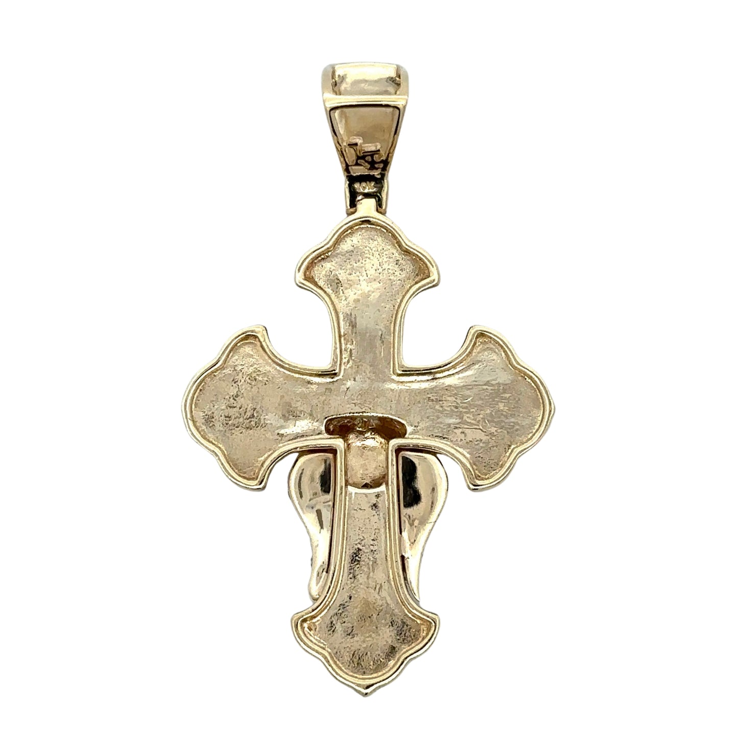 Back of yellow gold cross pendant with "KP" signature on bail