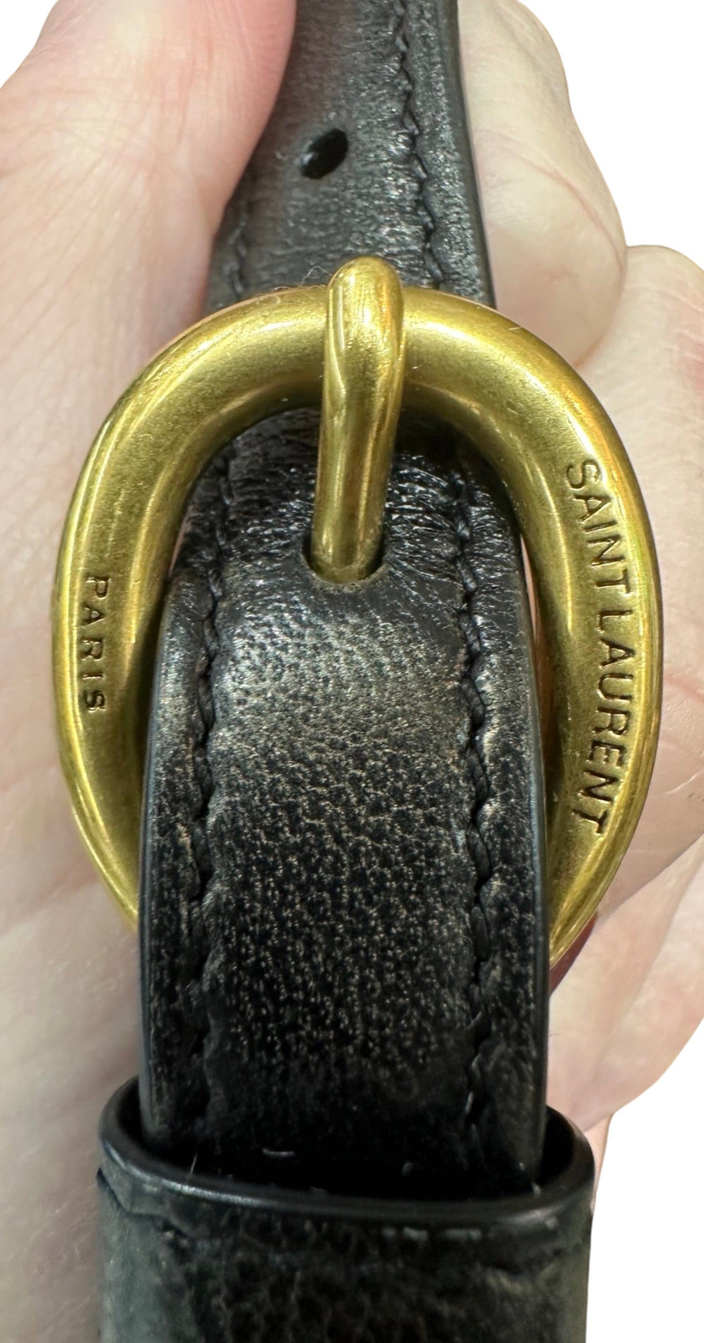 Gold hardware on shoulder strap with Saint Laurent Paris engraved