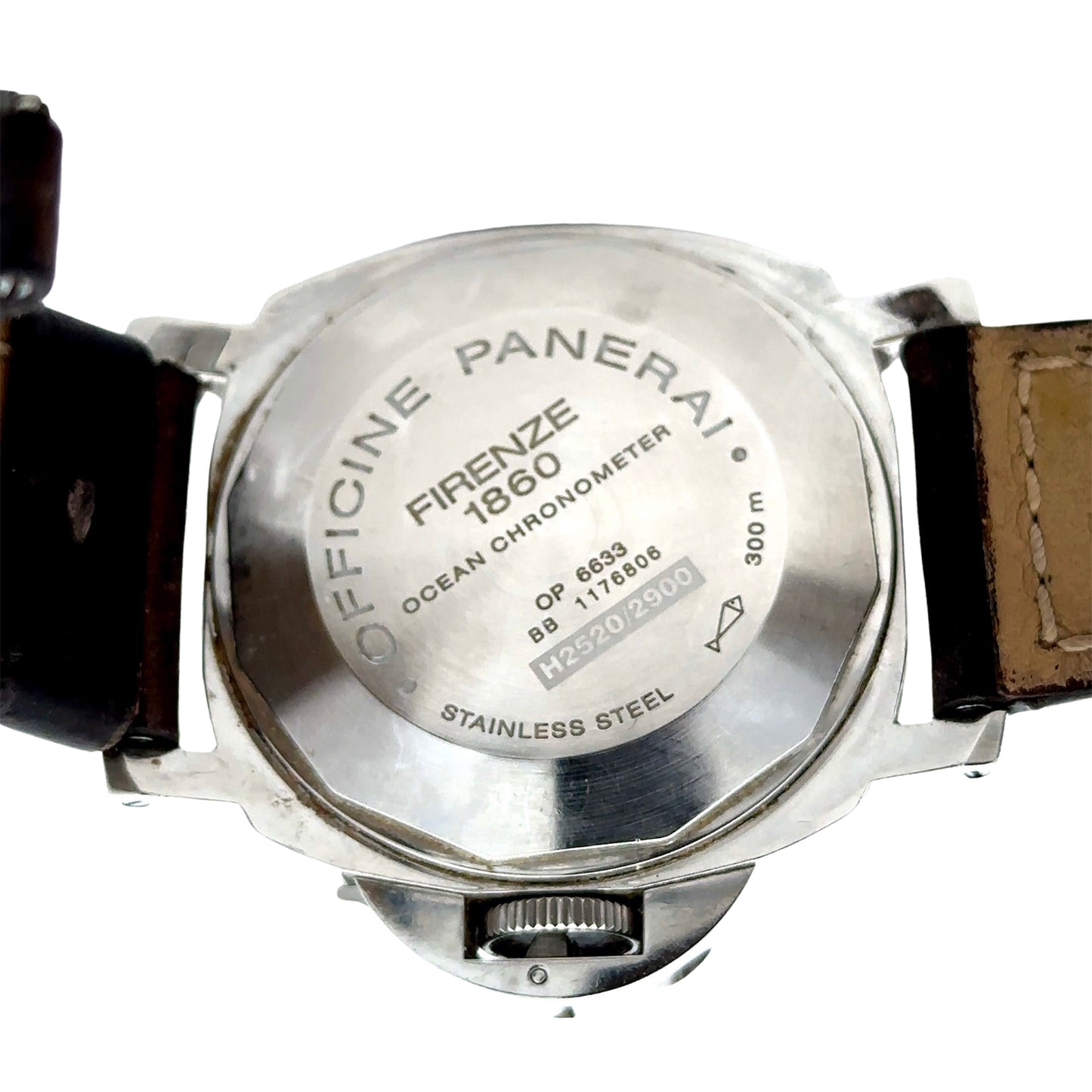 Back of watch case with "officine panerai" "firenze 1860" "ocean chronometer" 