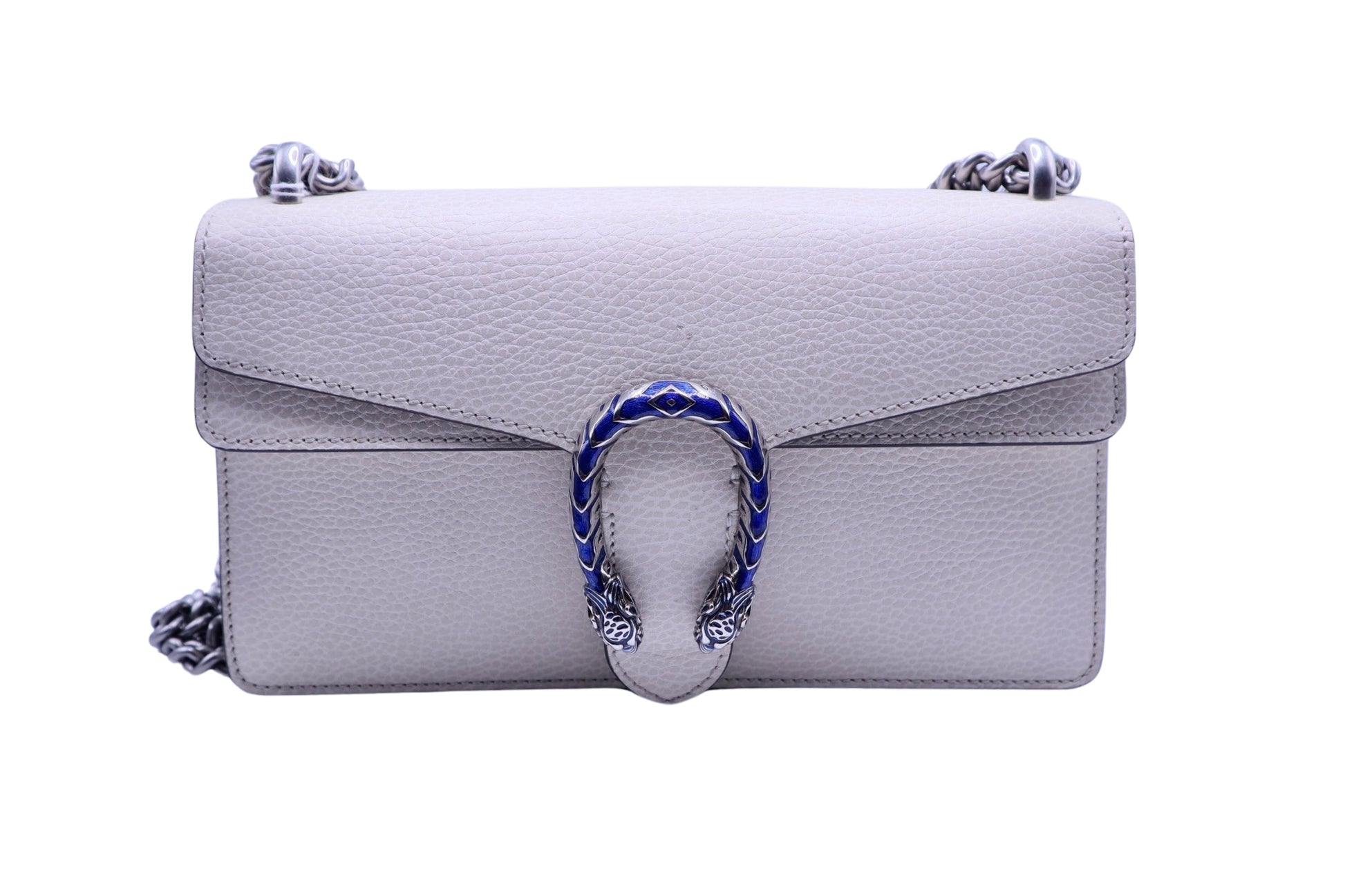 White textured leather gucci dionysus bag with small mark above the snake detail. Metal snake closure