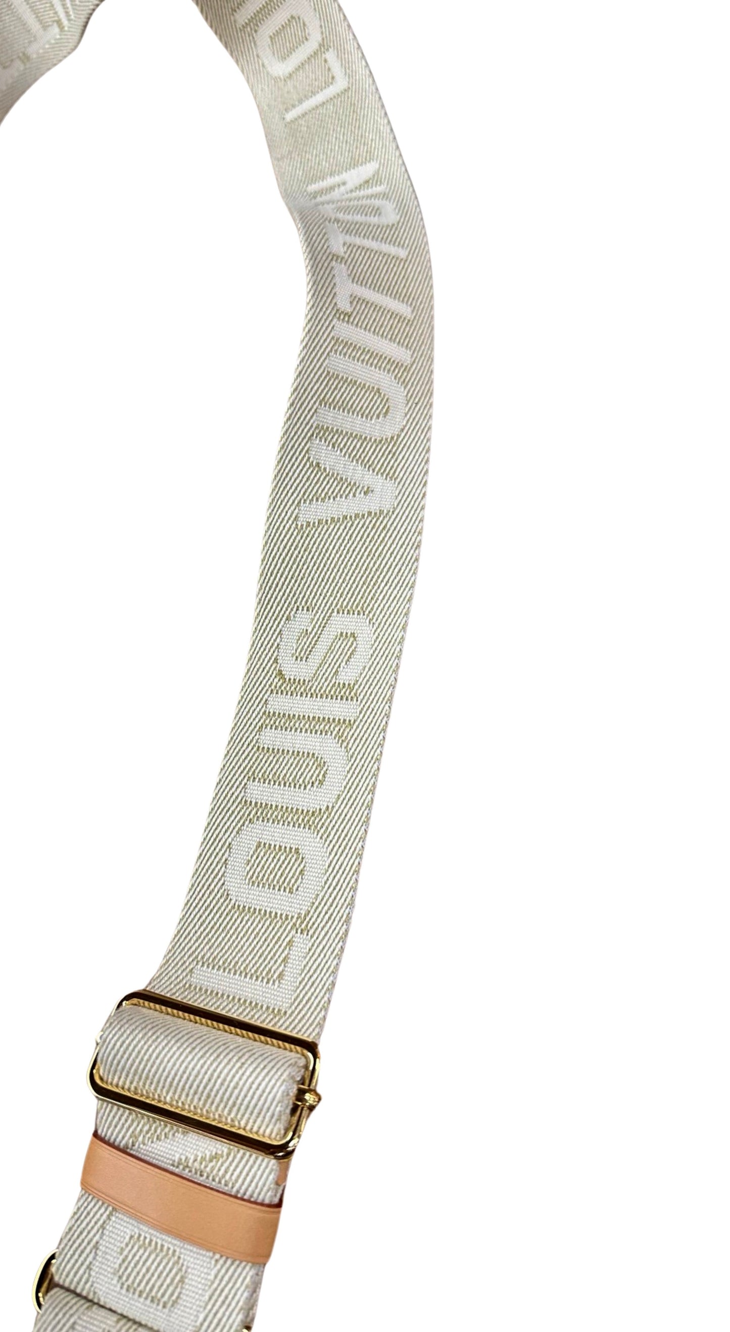 Fabric strap with Louis Vuitton in big print on it