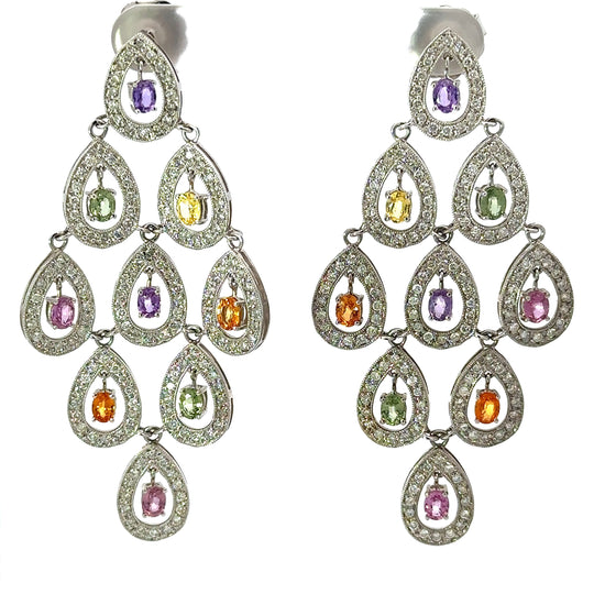 360 video of diamond and colored gemstone chandelier drop earrings