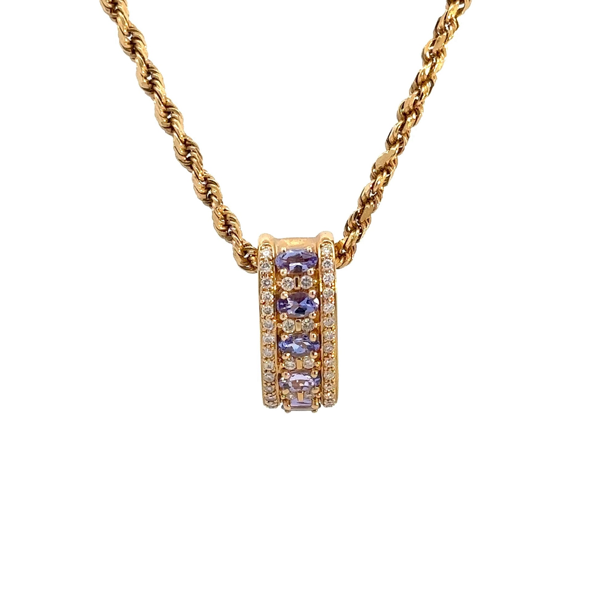360 video of yellow gold rope chain and yellow gold diamond and gemstone pendant