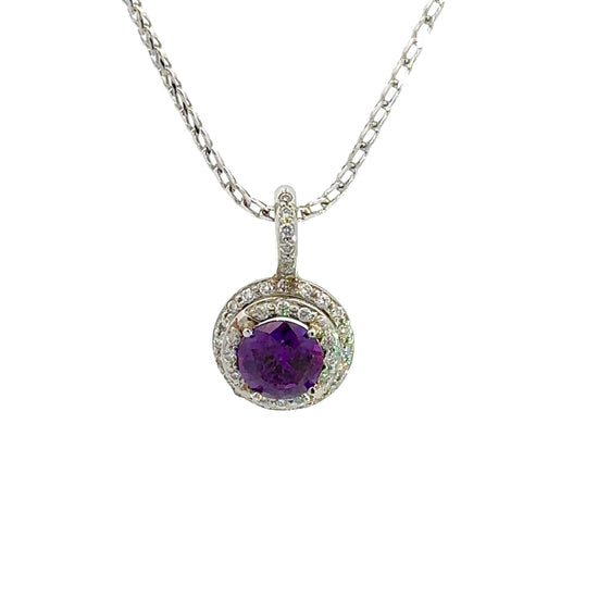 360 video of white gold diamond and amethyst necklace