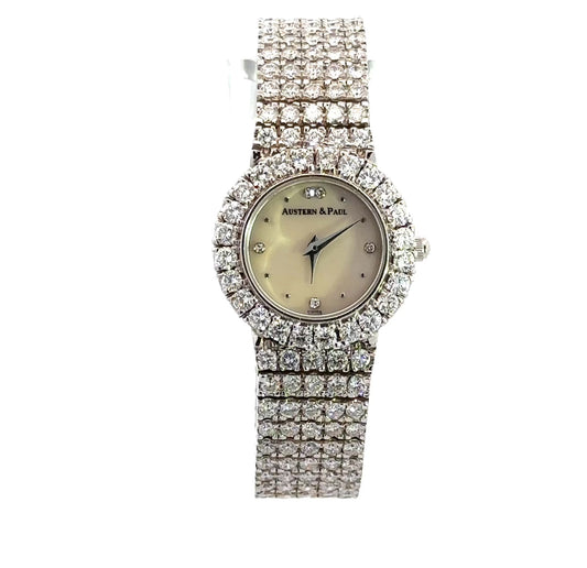 Austern + Paul 18K White Gold 4.8TCW Round Diamond Ladies Watch
