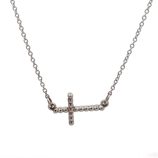 360 video of white gold cross necklace with beads