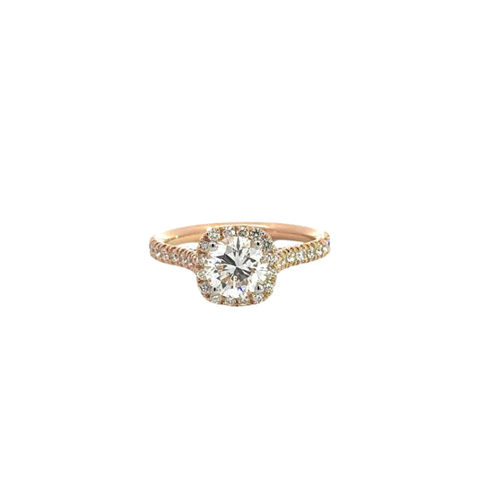 360 Video of rose gold diamond ring with diamonds on half the band on each side, diamond halo, diamond hidden halo, and round center-stone diamond