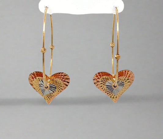 14K Yellow, Rose, + White Tri-Color Gold 3 Heart Beaded Hoop Earrings