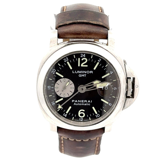 360 video of panerai luminor gmt watch with brown leather band showing scratches on steel case + clasp and wear on leather band. Black dial