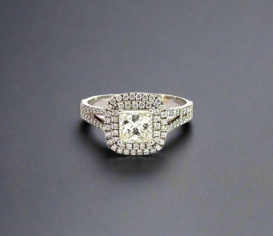 18K White Gold 1.5TCW Princess-Cut Diamond Pave Double Halo Engagement Ring