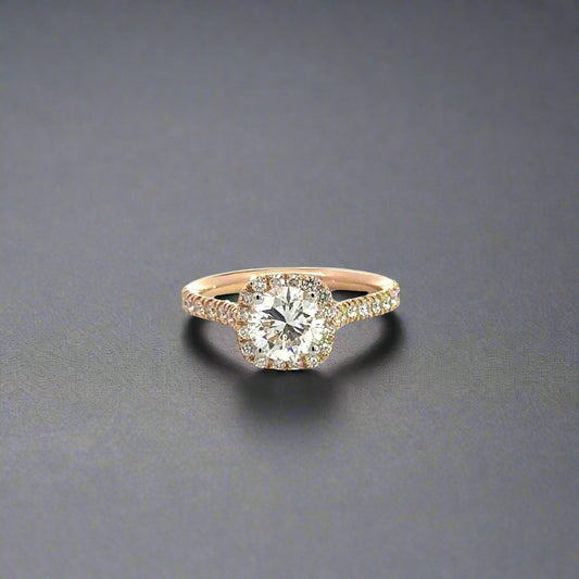 360 Video of rose gold diamond ring with diamonds on half the band on each side, diamond halo, diamond hidden halo, and round center-stone diamond