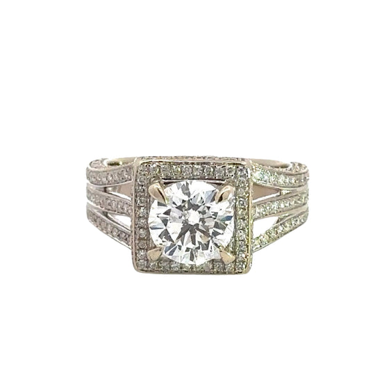 360 video of white gold diamond ring with 1.75 carat center-stone, diamonds around center-stone, diamonds on band in 3 rows, and diamonds on prongs